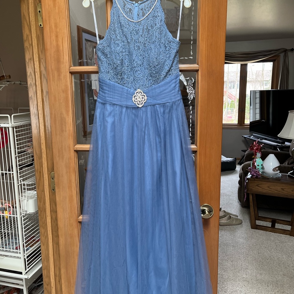 Powder blue prom dress with custom sewed on broach